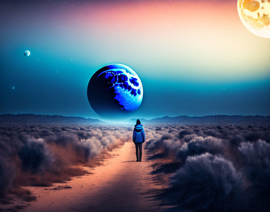 Person in surreal landscape with oversized planets and moon at twilight