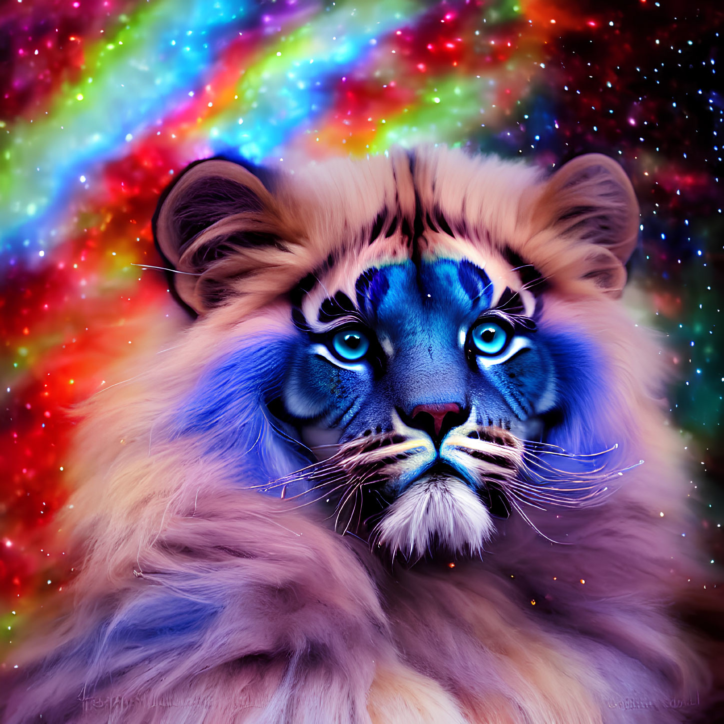 Colorful Cosmic Lion Artwork with Blue Facial Markings