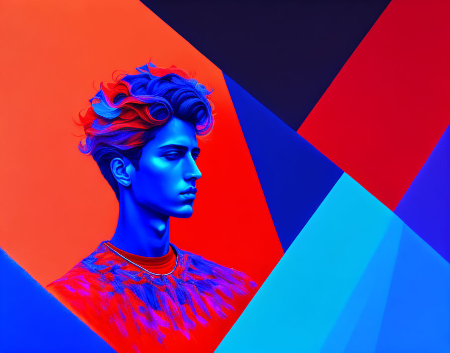 Colorful digital portrait: blue-skinned person with orange hair against geometric red and blue backdrop