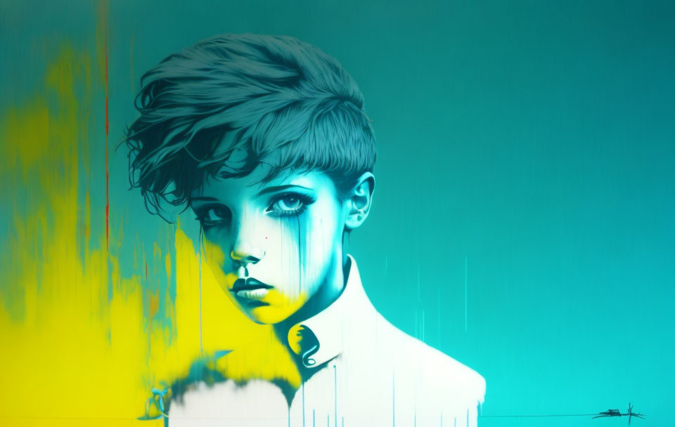 Stylized blue-toned portrait of woman with short hair on vibrant turquoise and yellow background
