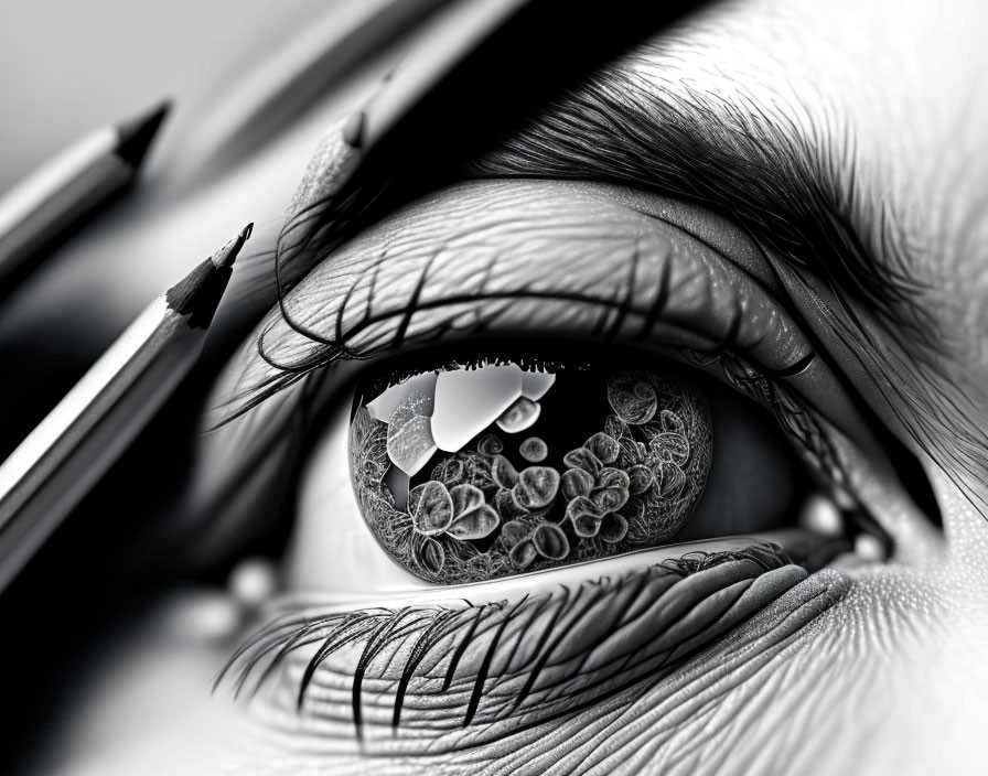 Detailed Monochromatic Human Eye with Reflection and Pencil