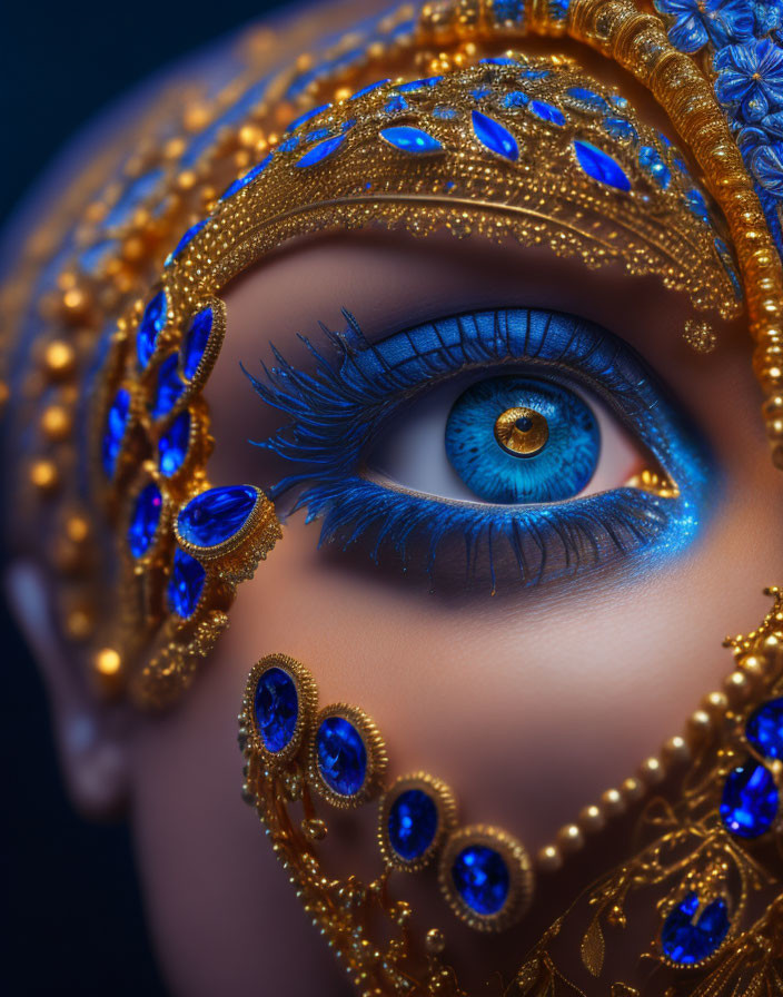 Detailed close-up of ornate blue and gold eye makeup and jewelry.