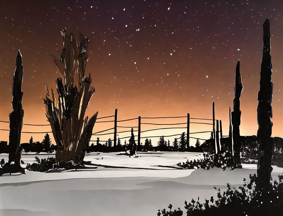 Stylized night landscape with silhouetted trees, fence, starry sky, orange gradient