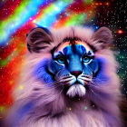 Colorful Cosmic Lion Artwork with Blue Facial Markings