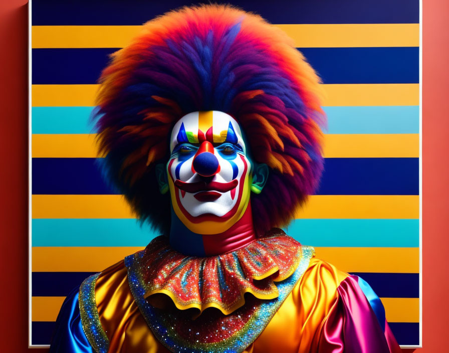 Colorful Clown with Vibrant Wig and Glittery Costume on Striped Background