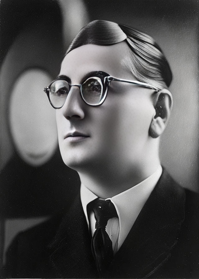 Vintage Black-and-White Photo: Person with Round Glasses, Dark Suit, Slicked-Back