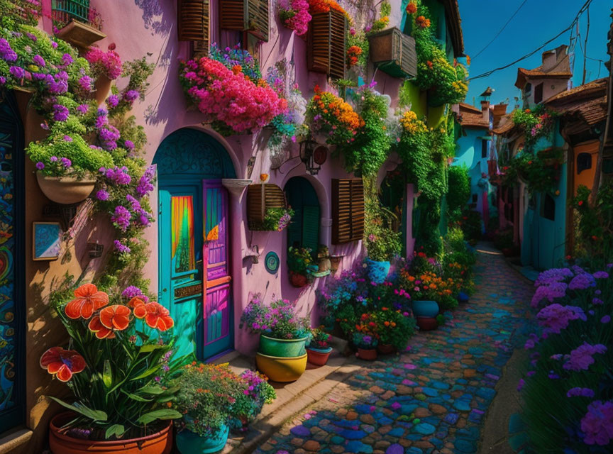 Colorful flowers and pastel houses in vibrant alleyway