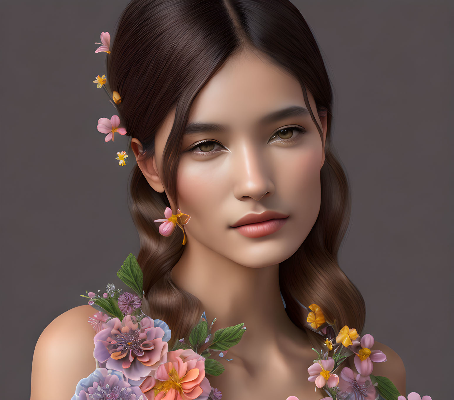 Woman with Flowers in Hair and Shoulder on Neutral Background