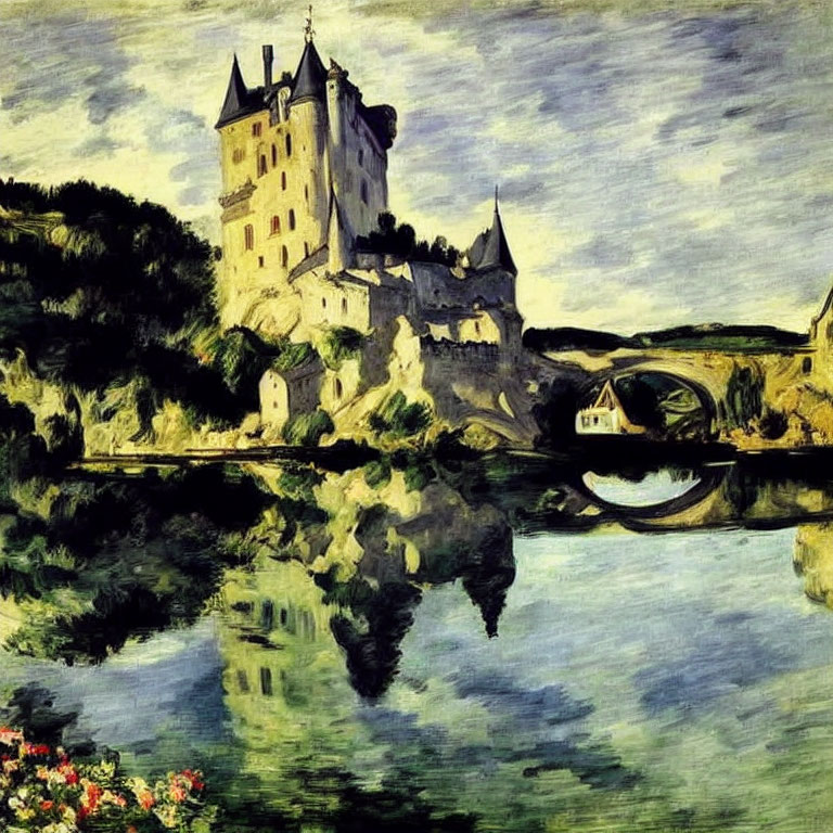 Impressionist-style painting of castle on hill by river with reflection.