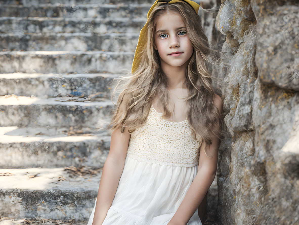 Young girl with wavy hair in white dress on stone steps gazes sideways.