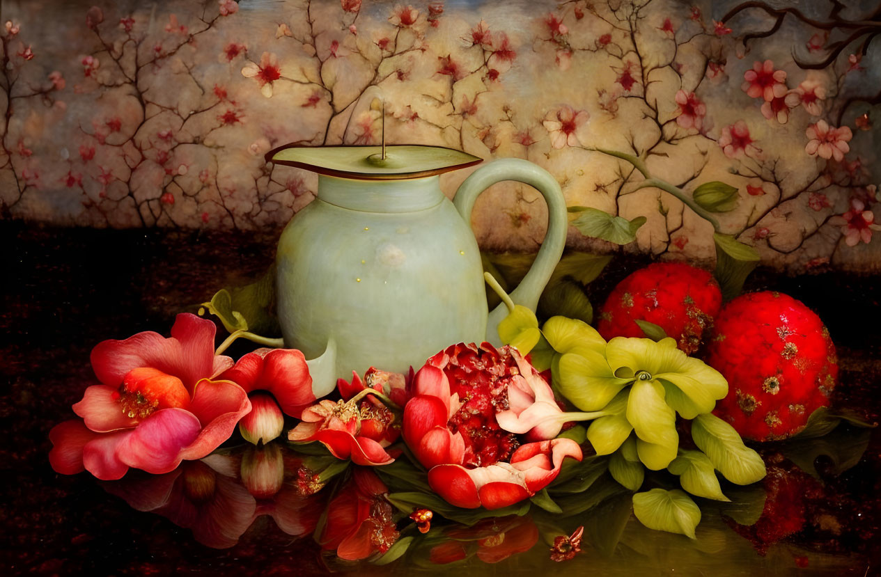 Ceramic jug, vibrant flowers, pomegranates, and blossoming branches in still life