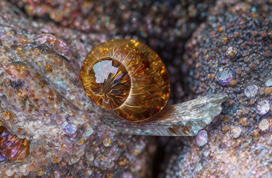 Translucent Amber-Colored Snail on Rough Surface with Water Droplets