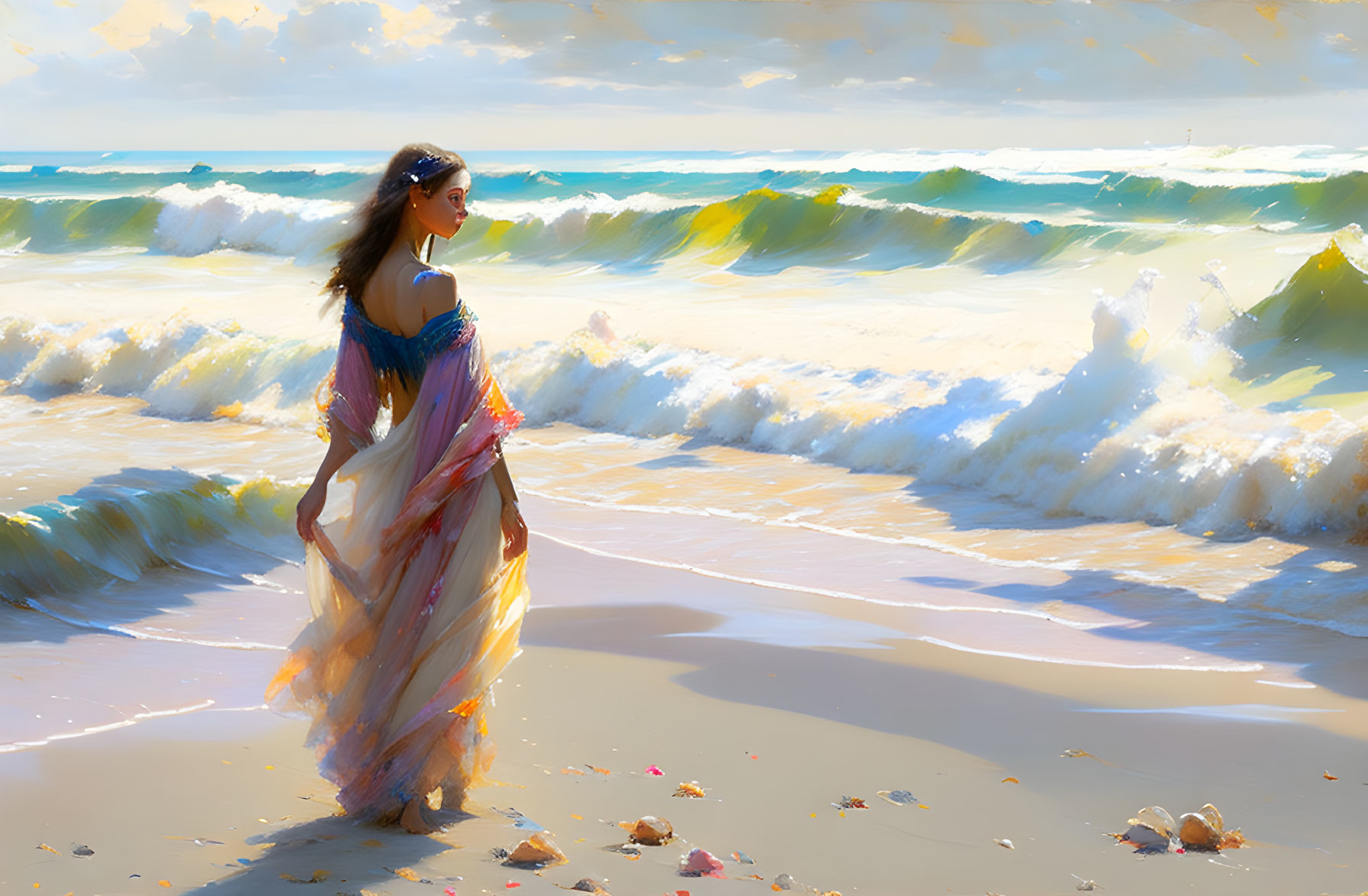 Woman in Colorful Dress on Sandy Beach Facing Vibrant Ocean Waves