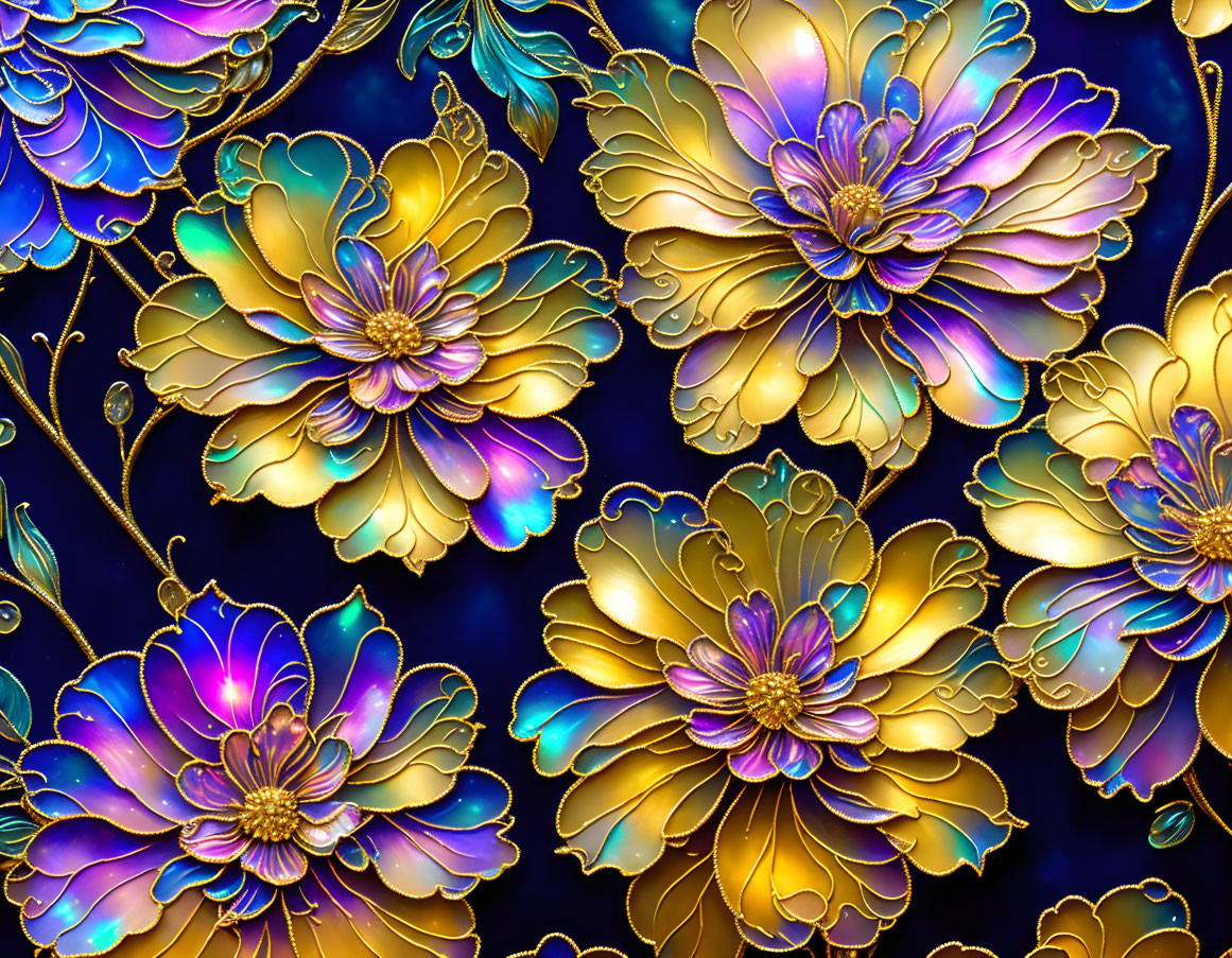 Metallic iridescent flowers in purple, blue, and gold on dark background