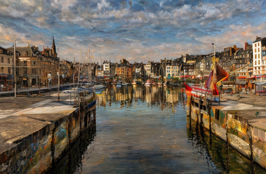 Picturesque European Harbor with Boats, Historic Buildings, and Dramatic Sky