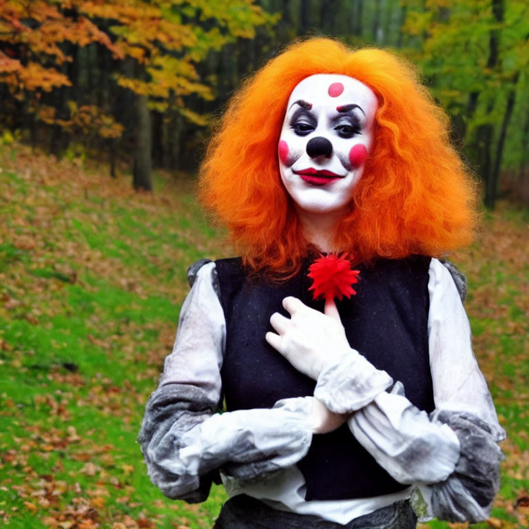 Clown costume with white makeup, red nose, flower, orange wig in autumn setting