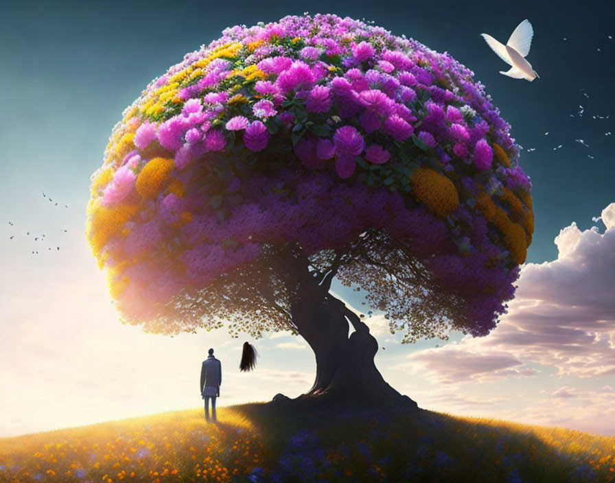 Couple holding hands under vibrant tree with colorful flowers at sunset