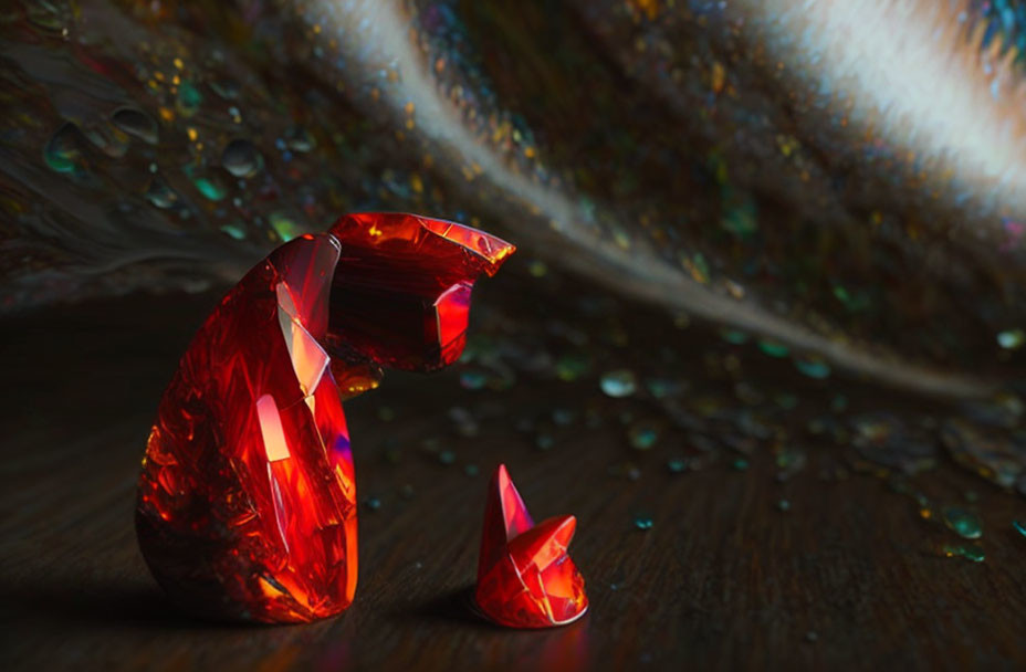 Vibrant red crystalline swan sculpture on wooden surface