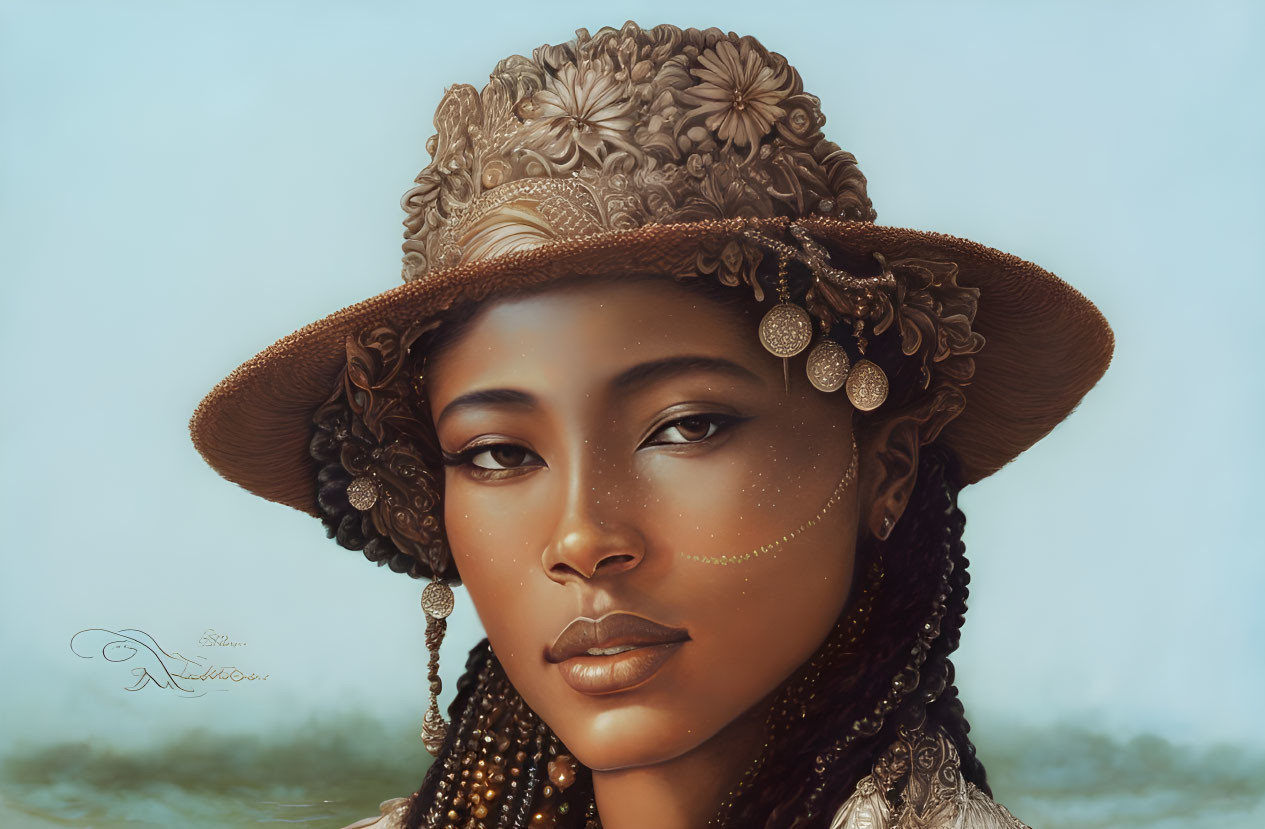 Detailed Digital Portrait of Woman with Braided Hair and Floral Hat