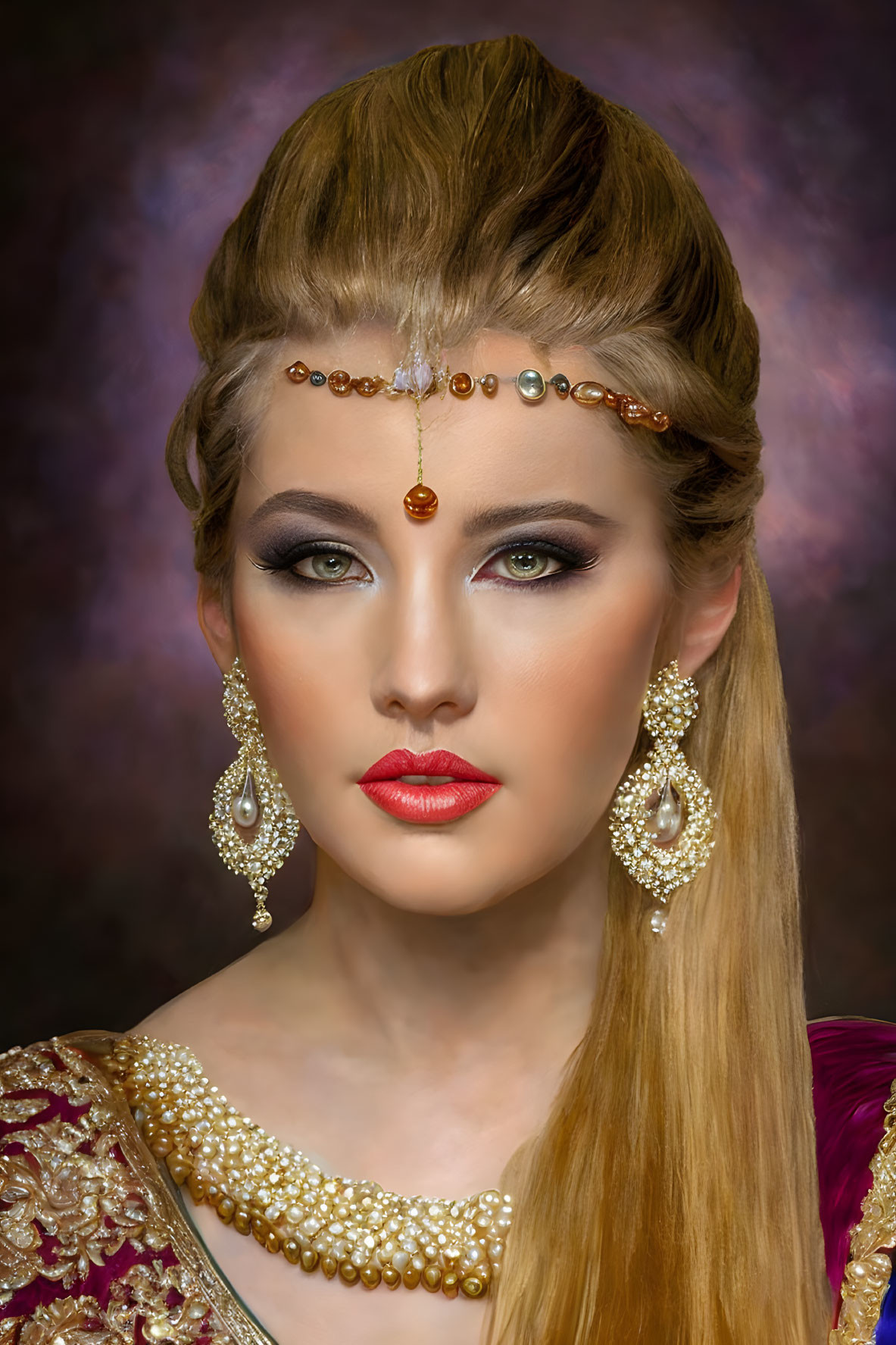 Elaborately dressed woman with intense gaze in red and gold attire