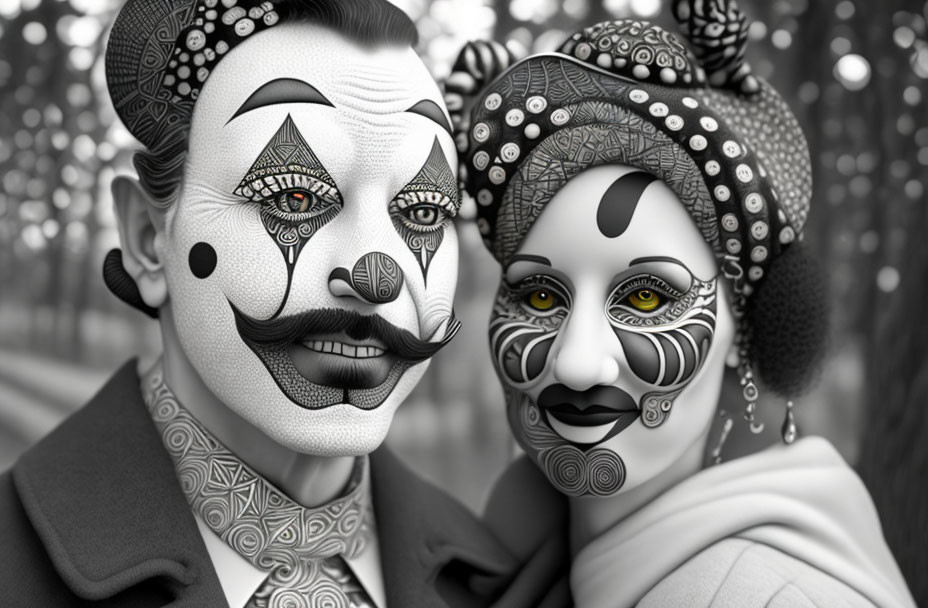 Black and white clown makeup with decorative headpieces in close-up shot.