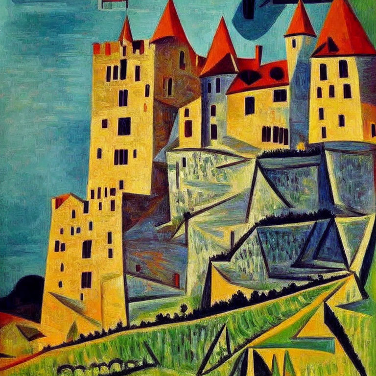 Colorful Cubist-Style Castle Painting with Geometric Shapes