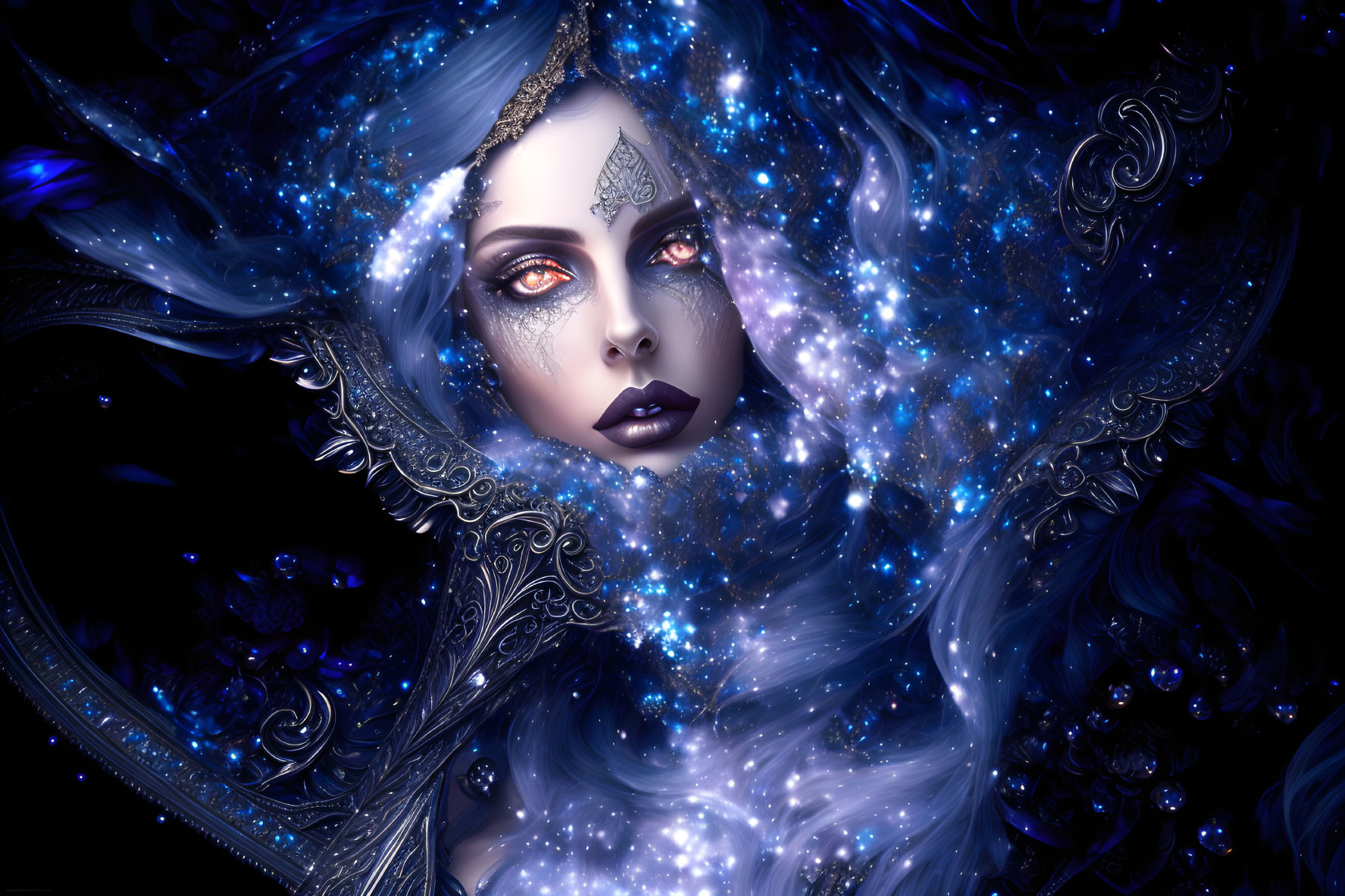 Mystical woman with cosmic silver headdress in starry setting