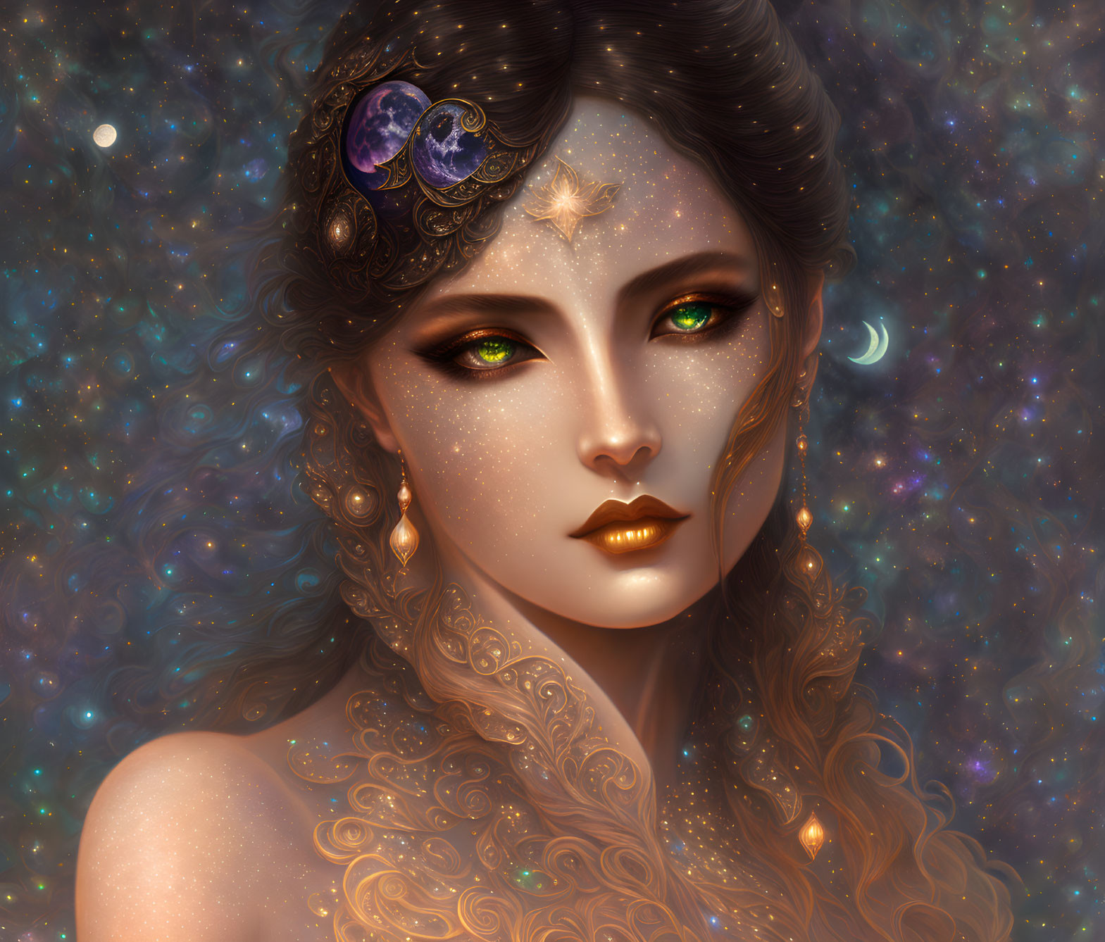 Cosmic-themed digital artwork of a woman with golden tattoos and green eyes