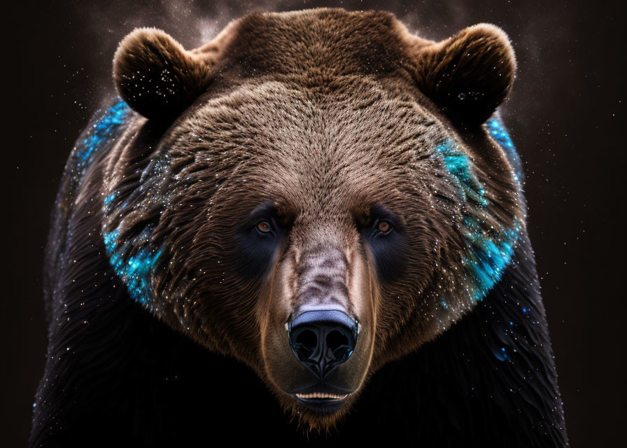 Majestic brown bear portrait with intense gaze and blue glowing outline