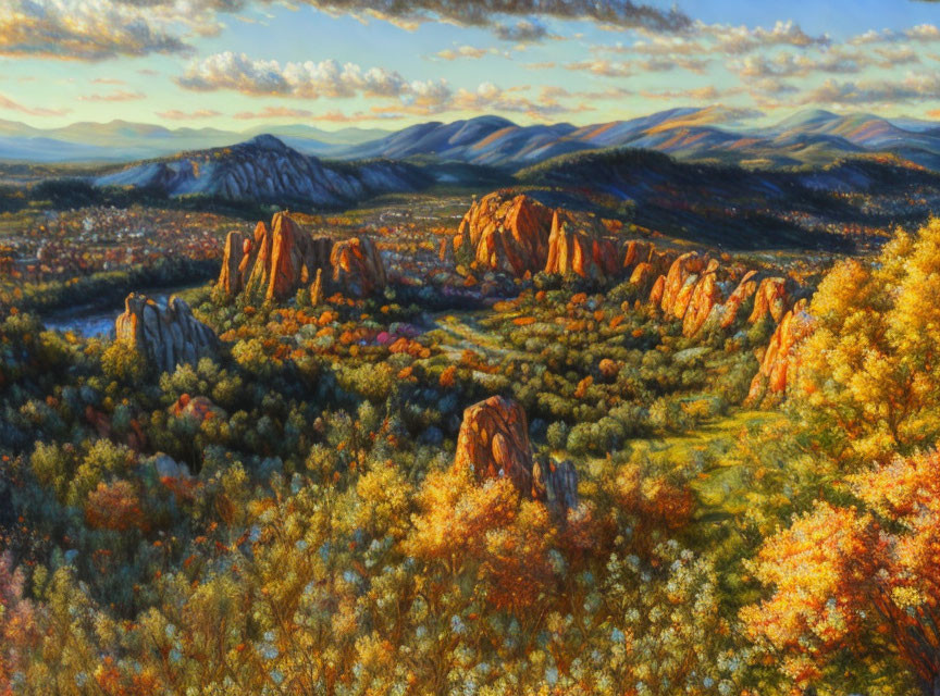 Vibrant autumn landscape with rock formations and rolling hills