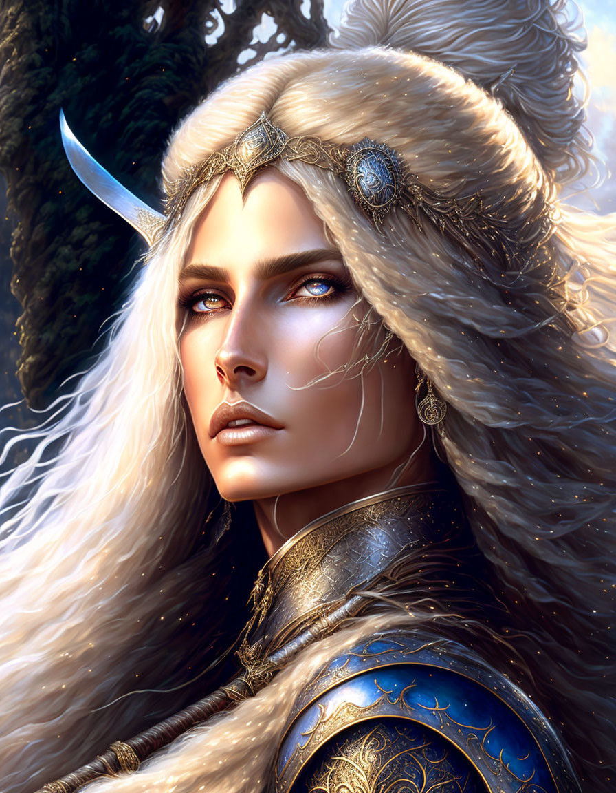 Fantasy character illustration with blonde hair, fur cloak, ornate armor, and crescent moon detail