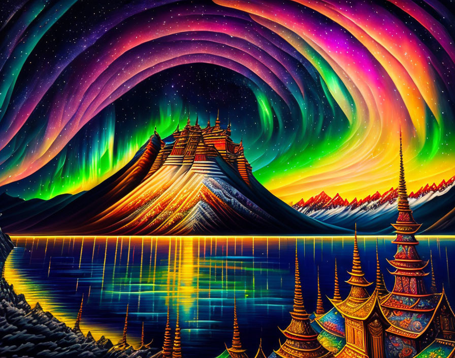 Surreal landscape with aurora sky, reflective water, temples, mountains