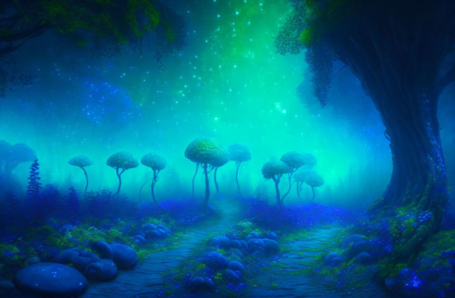 Enchanting forest with glowing foliage, mystical mushrooms, and cobblestone path