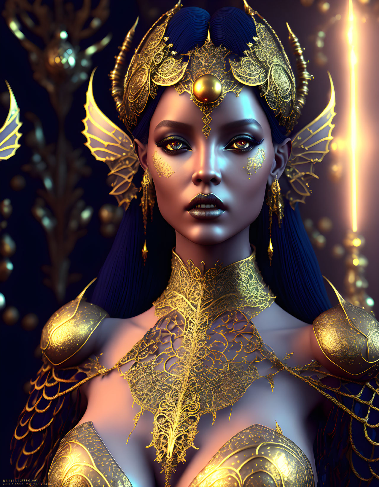 Digital portrait of woman with golden headdress, jewelry, and shoulder armor on gold motif background