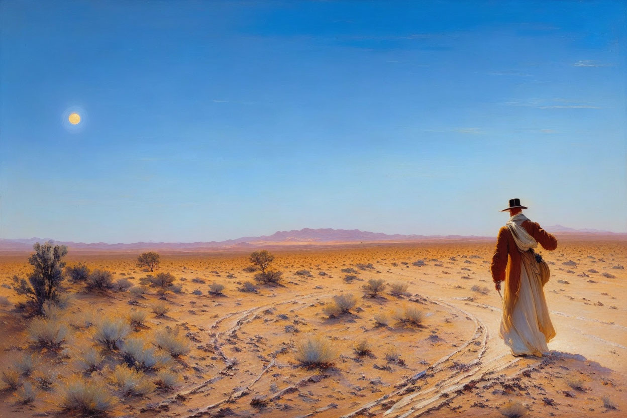 Vintage Attire Figure in Desert Landscape at Sunset