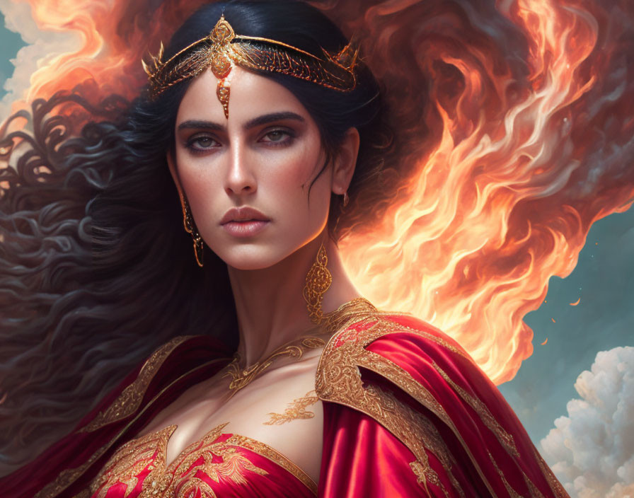 Regal woman with piercing eyes in golden diadem and red garments