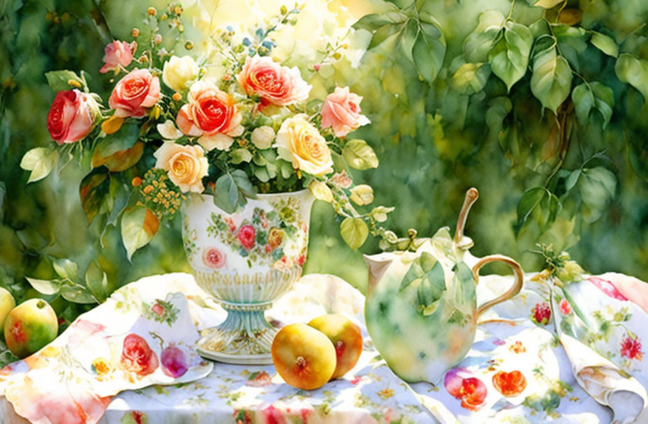 Colorful Still Life Painting with Floral Teapot, Cup, Roses, and Apples