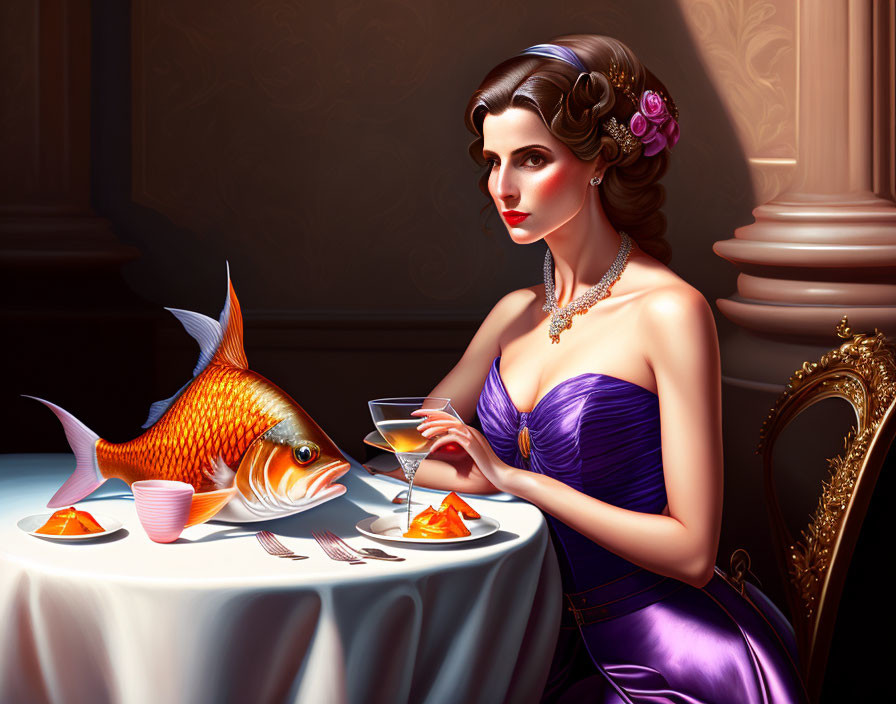 Illustrated woman in purple dress dining with goldfish and small fish in wine glass