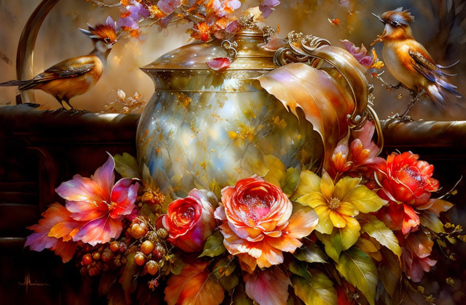 Ornate teapot with flowers, birds, and soft background