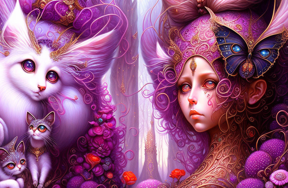 Colorful Stylized Woman Surrounded by Whimsical Cats in Purple Fantasy Scene