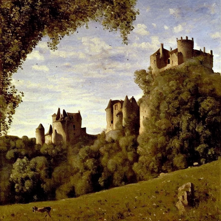 Medieval castle on lush hill with deer in pastoral scene