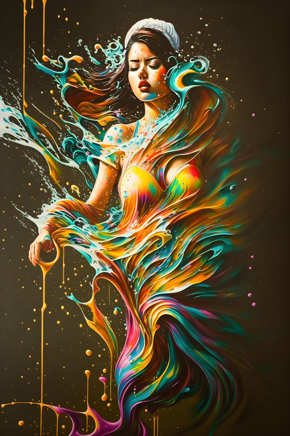 Colorful painting of woman transforming into swirls on dark background