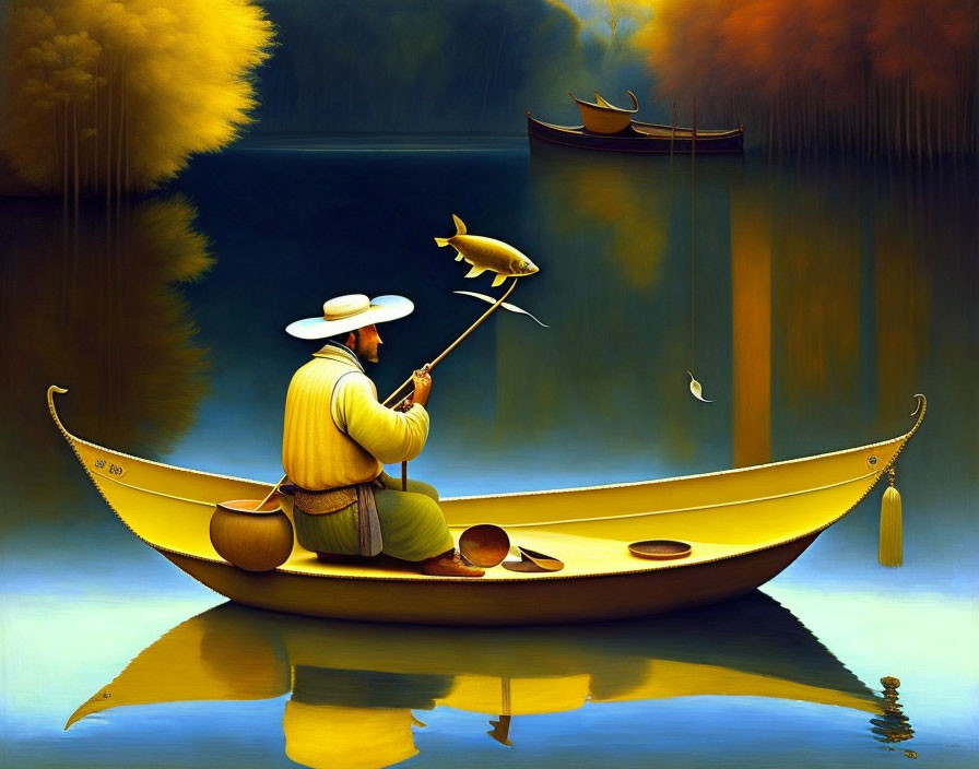 Tranquil painting of man fishing in boat on calm waters