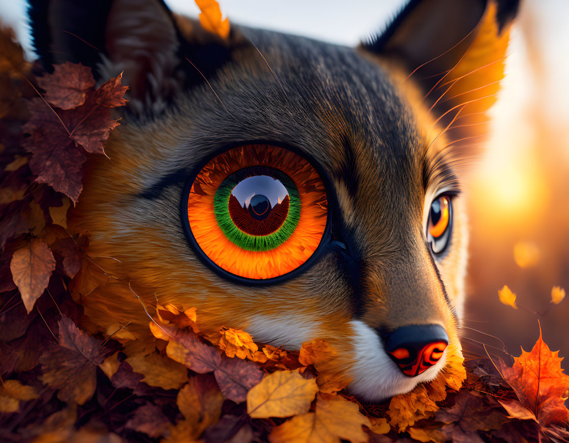 Fox's face with large orange eyes in autumn leaves.