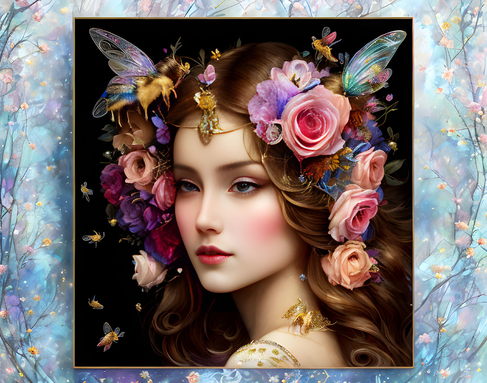 Woman's portrait with floral and bee motif in fantasy setting