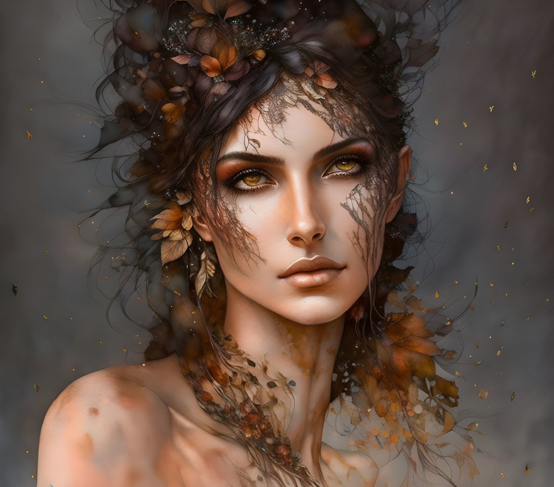 Digital portrait of woman with autumn leaves and foliage patterns, surrounded by golden specks