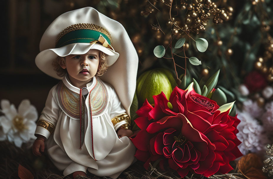 Toddler in White Outfit with Red Rose and Festive Decorations