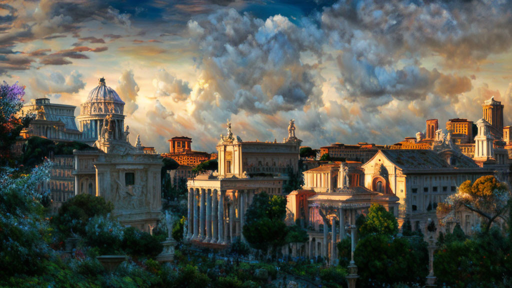 Ancient Roman cityscape with grand buildings and ruins under dramatic sunset sky