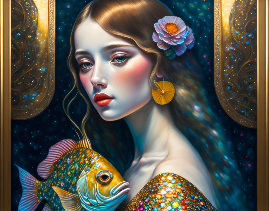 Surreal portrait of woman with cosmic background and colorful fish