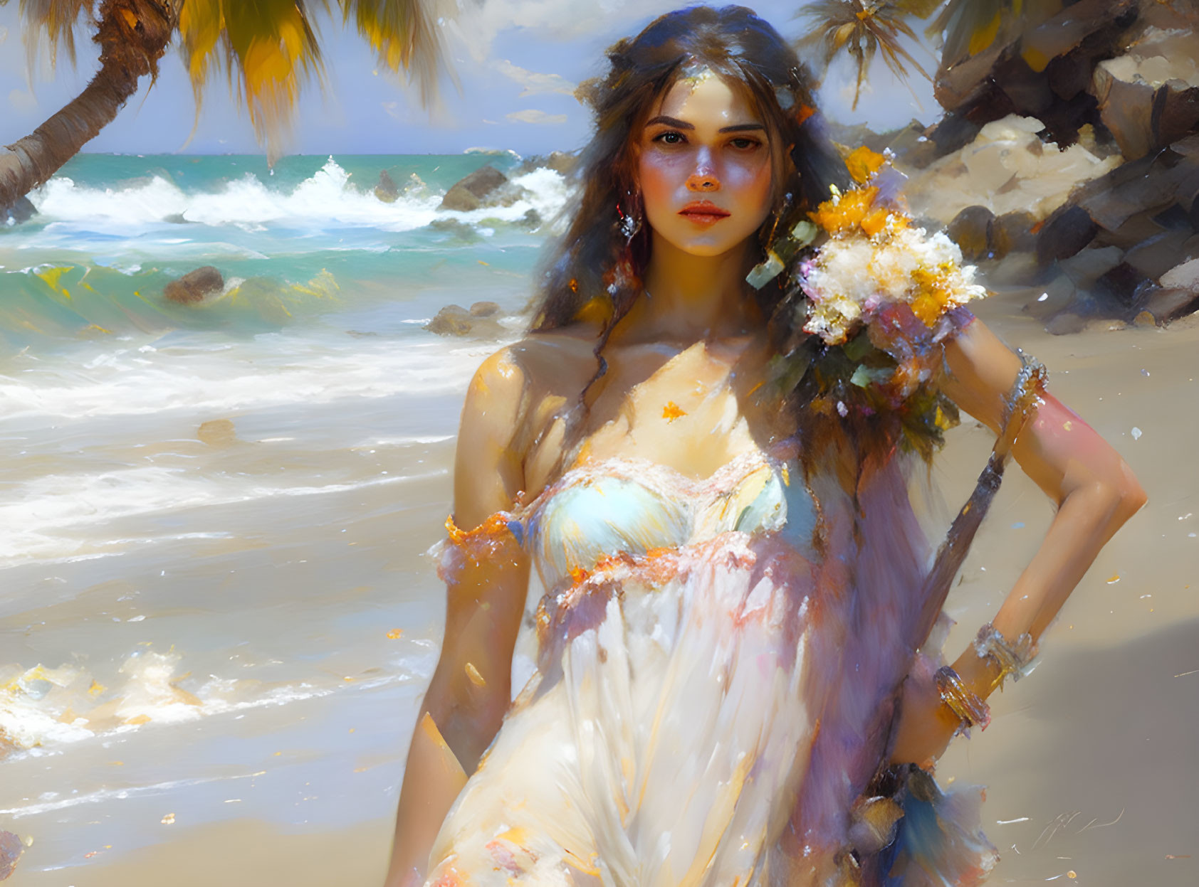 Woman in flowy dress on sunny beach with palm trees and bouquet.